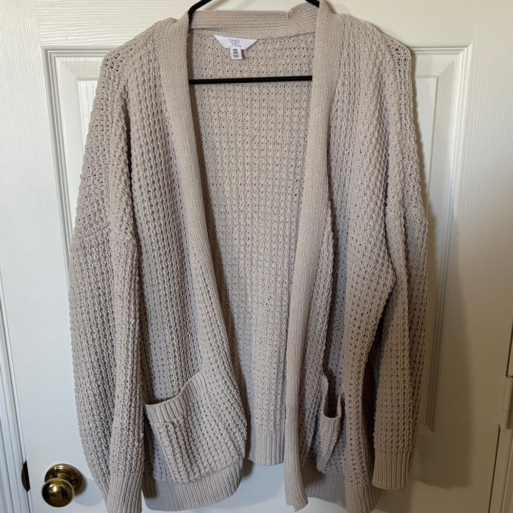 Time and Tru Light Tan Open-Front Cardigan